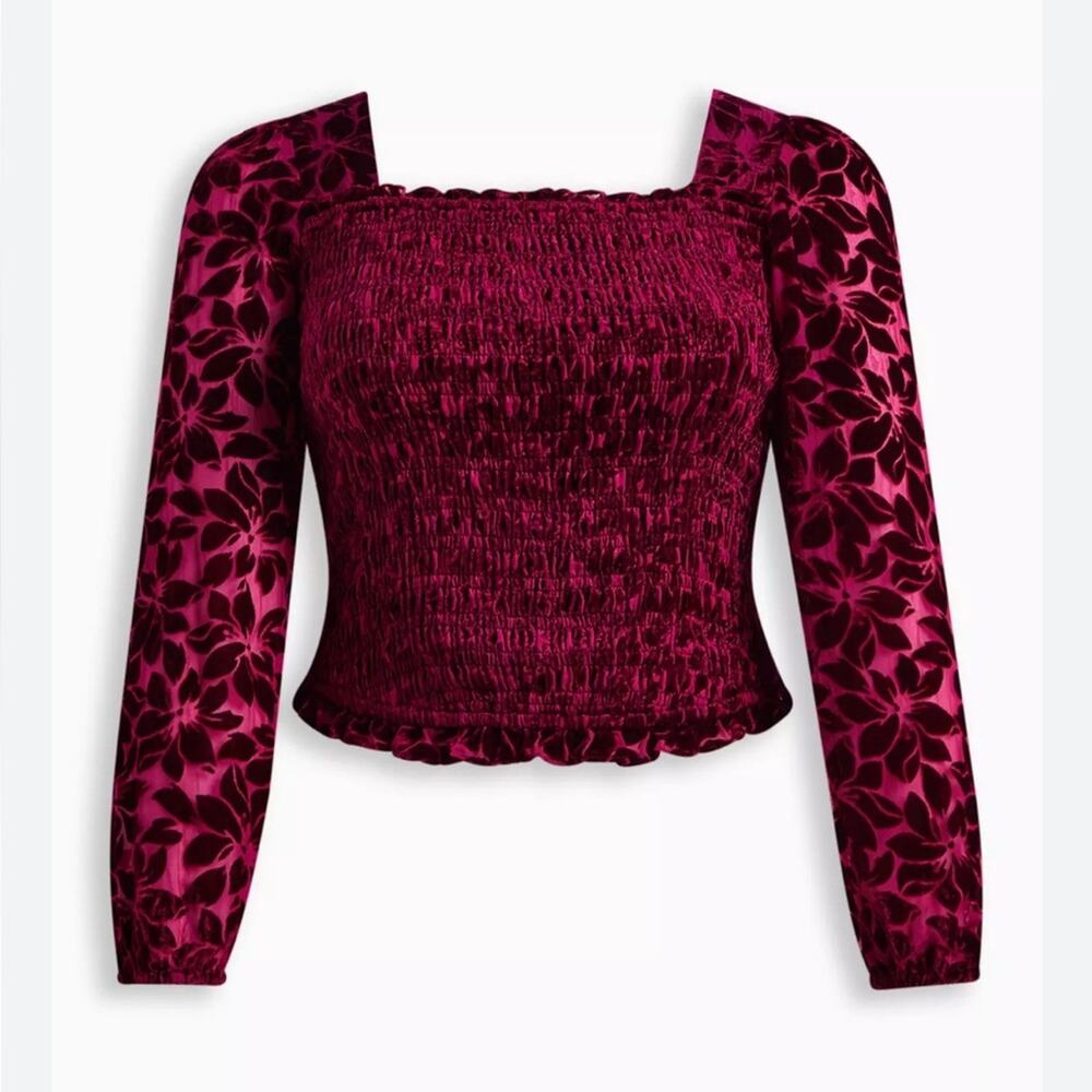 Torrid Velvet Smocked Blouson‎ Sleeve Crop Blouse Magenta New Sz 1 1X 14-16 New
